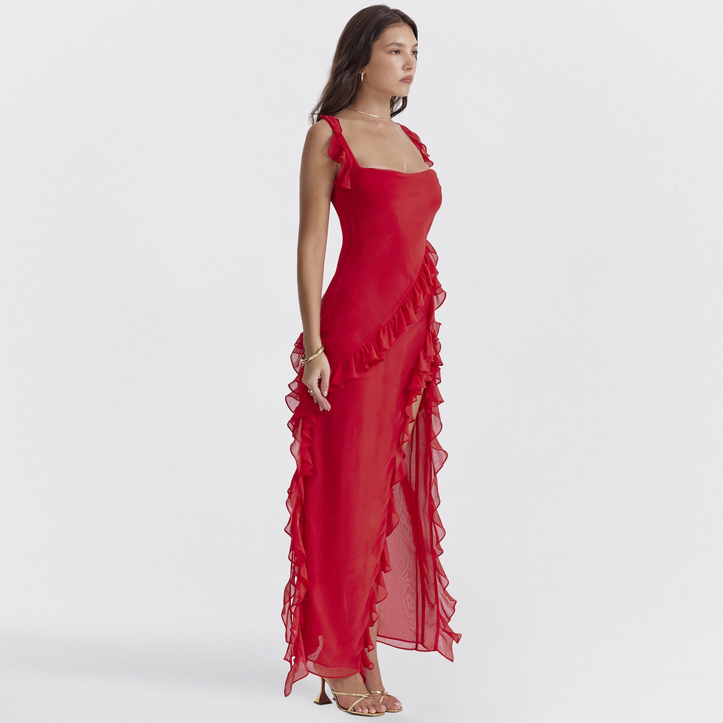 Robe bustier asymétrique à volants cascade et fente sensuelle