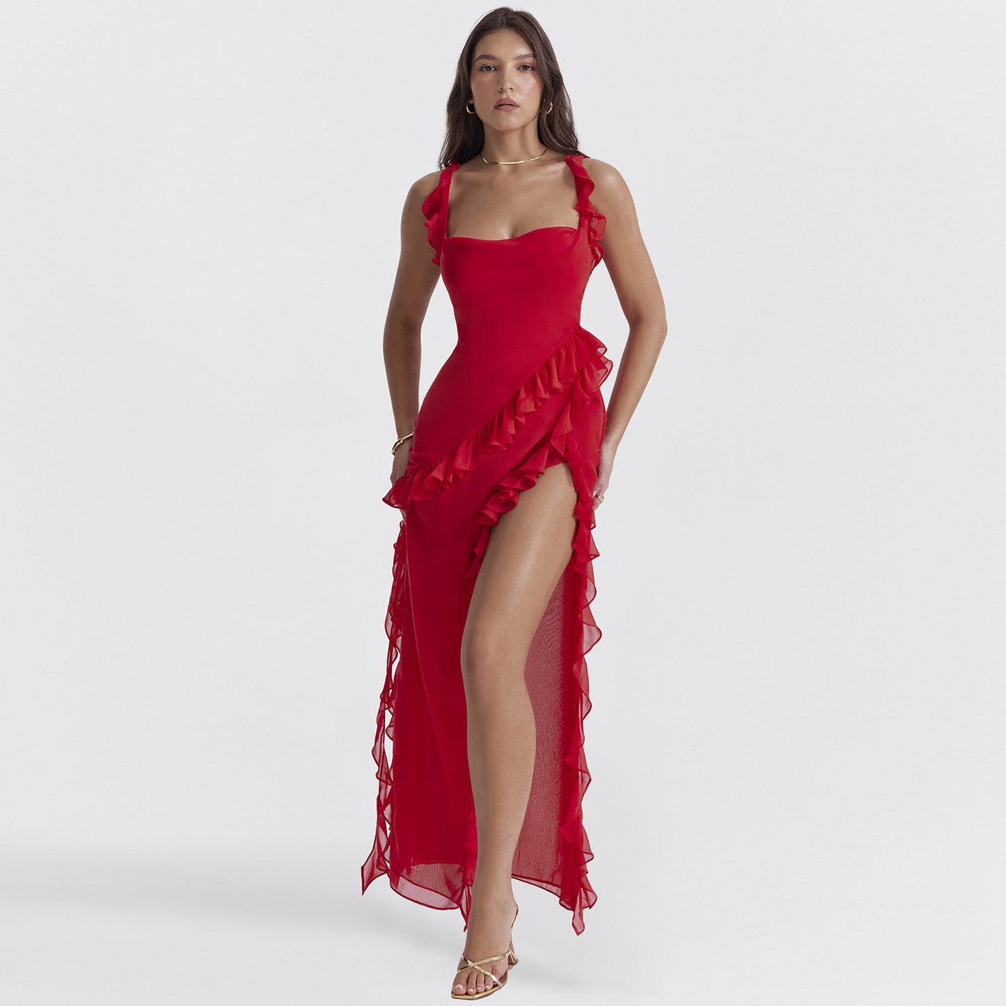 Robe bustier asymétrique à volants cascade et fente sensuelle