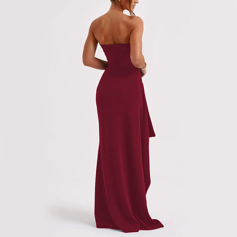 Robe longue cerise à fente haute sexy et dos nu
