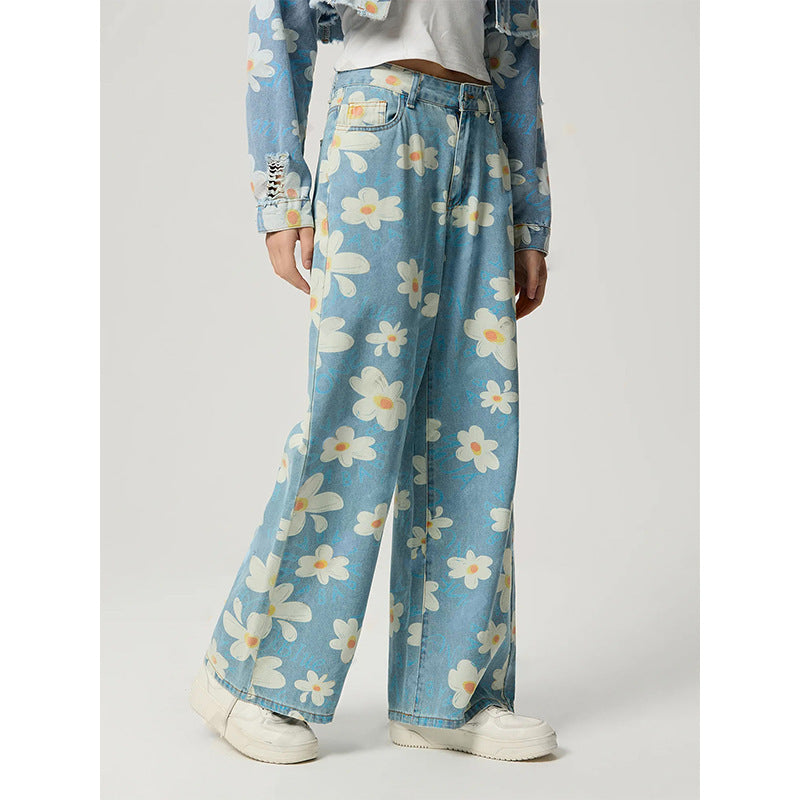 Jeans droits avec imprimé fleur vintage
