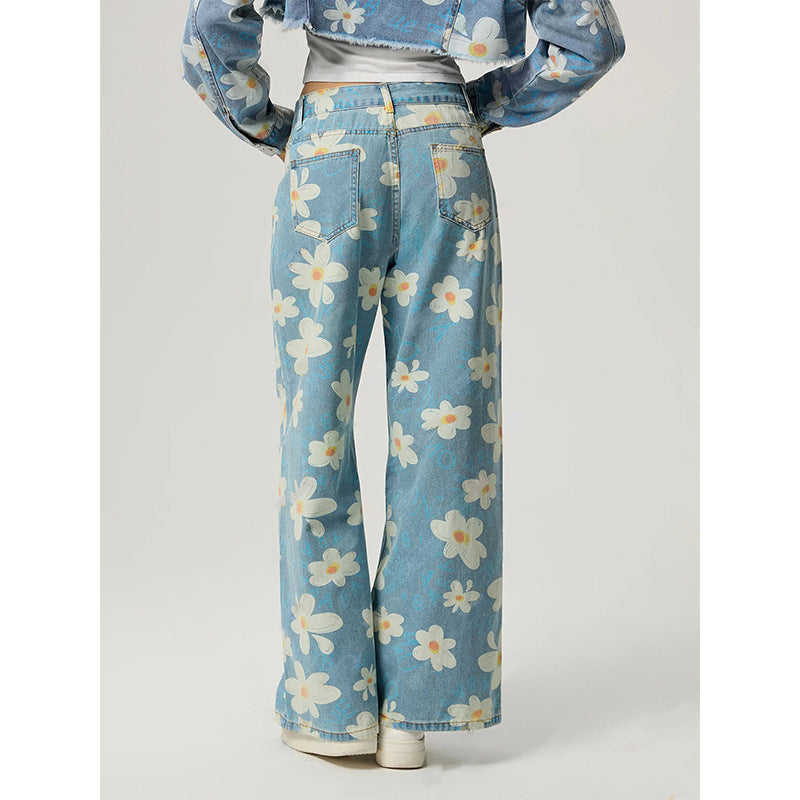 Jeans droits avec imprimé fleur vintage