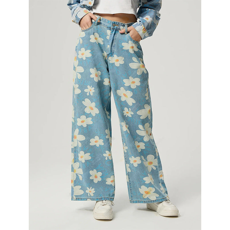 Jeans droits avec imprimé fleur vintage