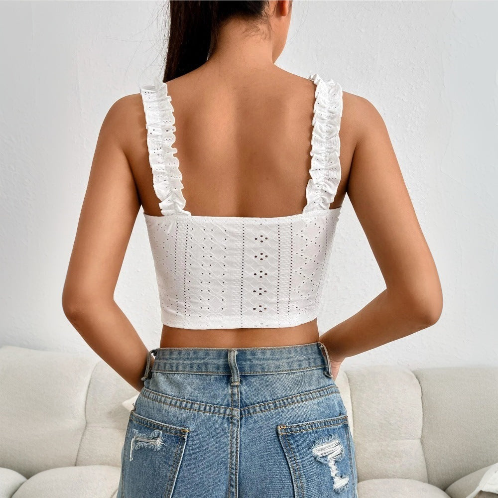 Crop top dentelle ajourée bretelles froncées bohème