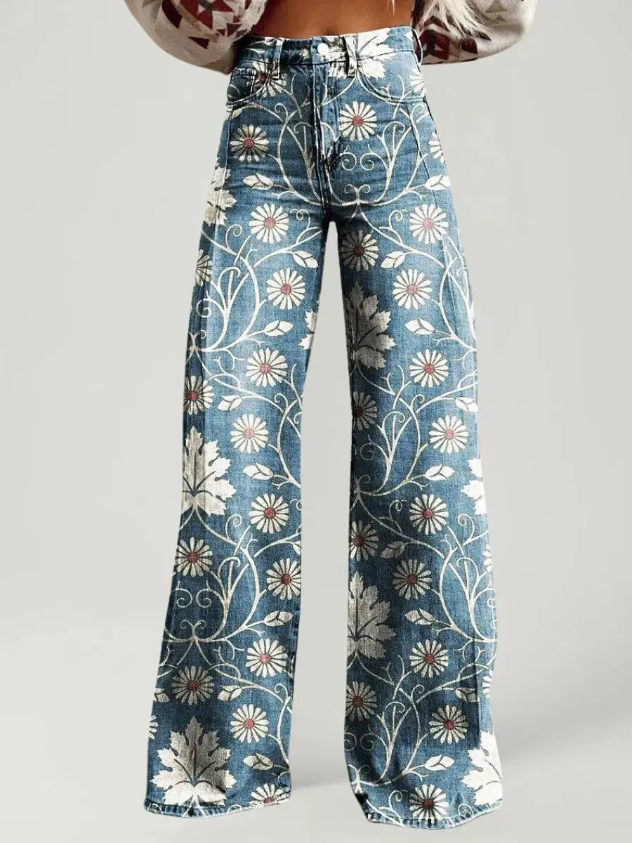 Wide-legged Pants Thermal Transfer Bell-bottom Pants Simulation Denim Trousers ComfySweet
