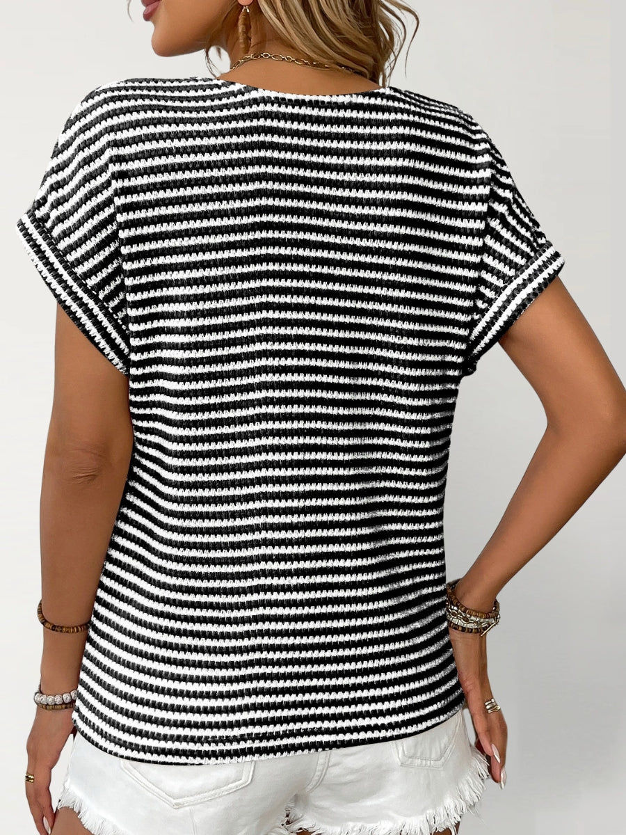 Top Rayé Maille Boutonné Col V