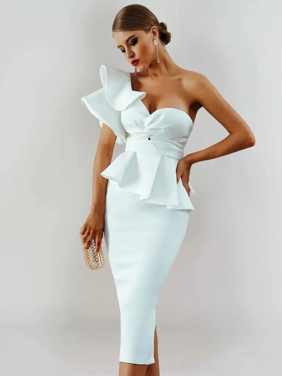 Ophélia Robe Midi Bustier à Volant Blanche - ComfySweet