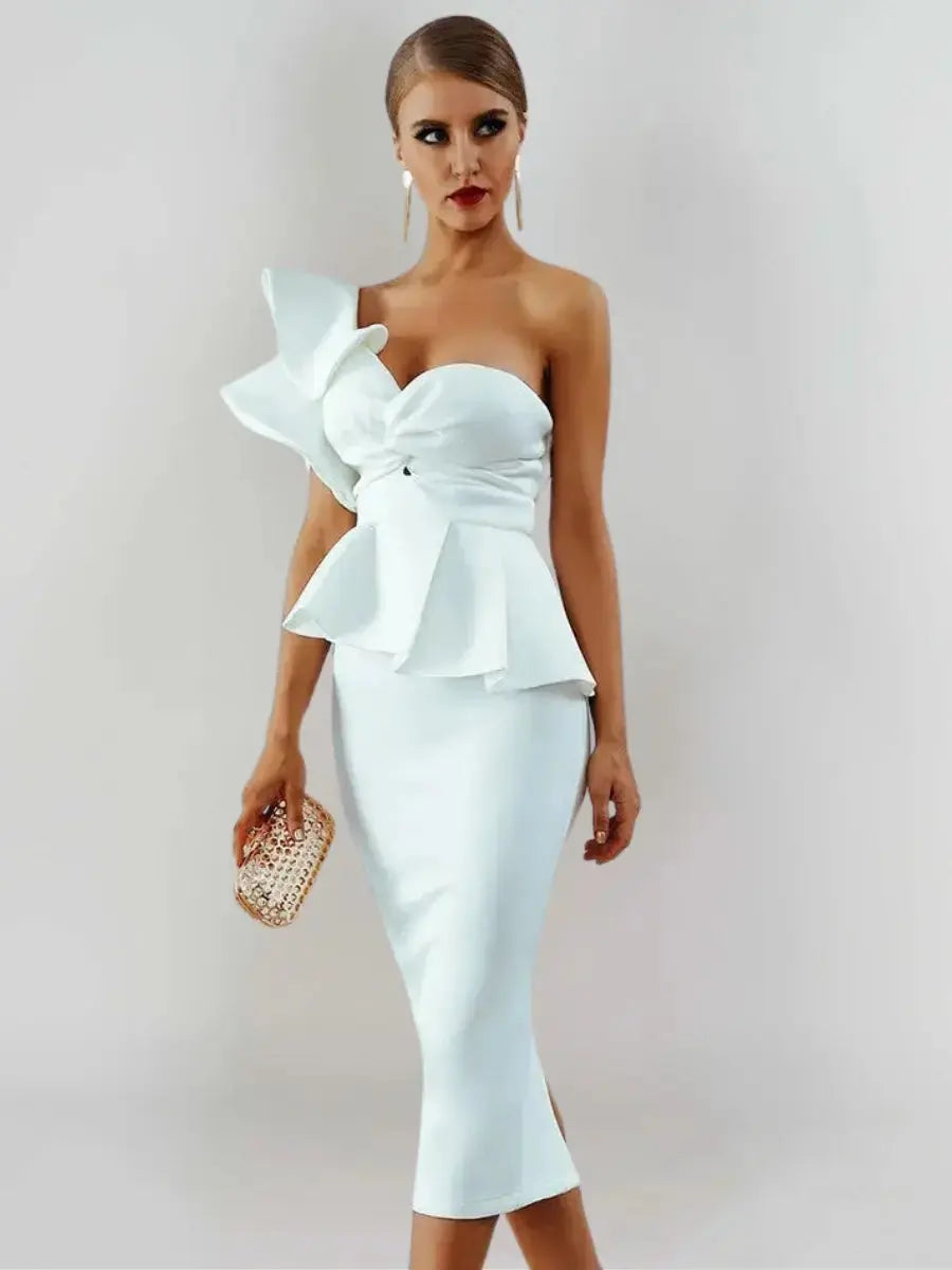 Ophélia Robe Midi Bustier à Volant Blanche - ComfySweet