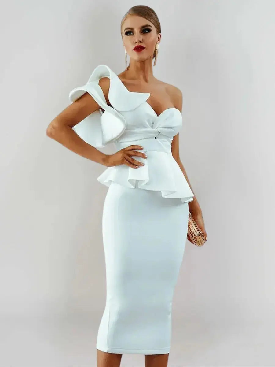 Ophélia Robe Midi Bustier à Volant Blanche - ComfySweet