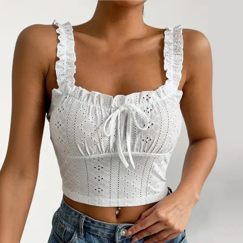 Crop top dentelle ajourée bretelles froncées bohème - ComfySweet