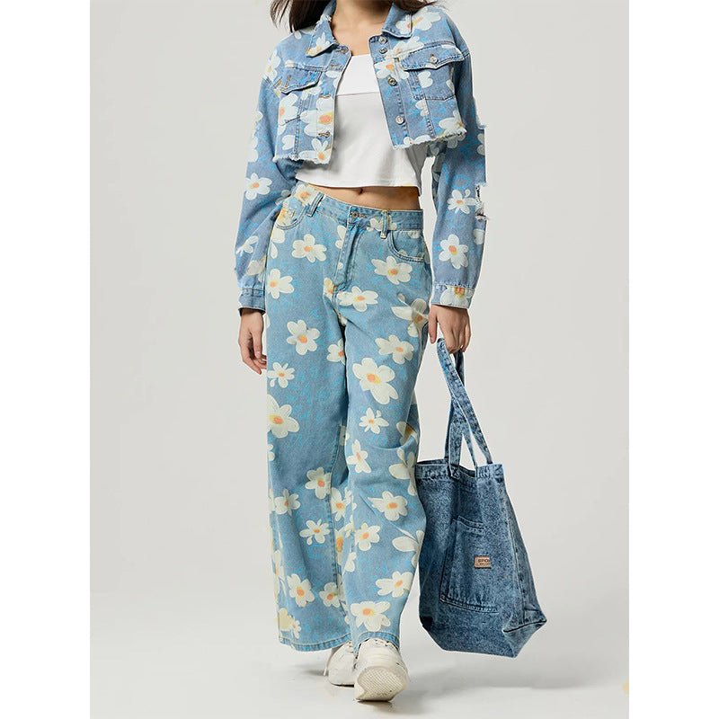 Jeans droits avec imprimé fleur vintage