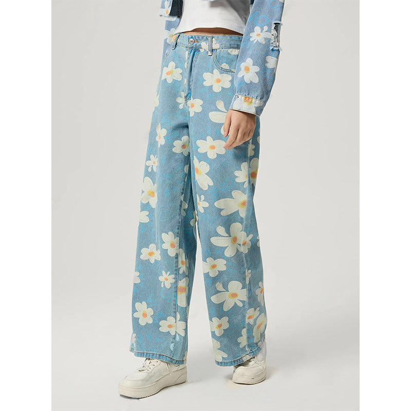 Jeans droits avec imprimé fleur vintage