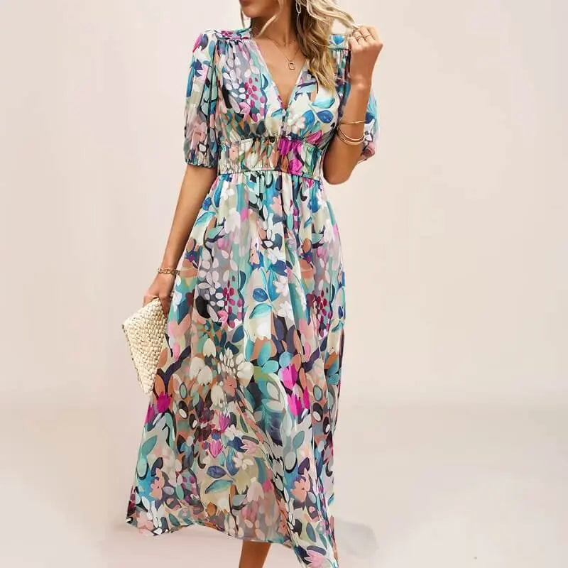Robe midi bohème floral à manches lanternes - ComfySweet