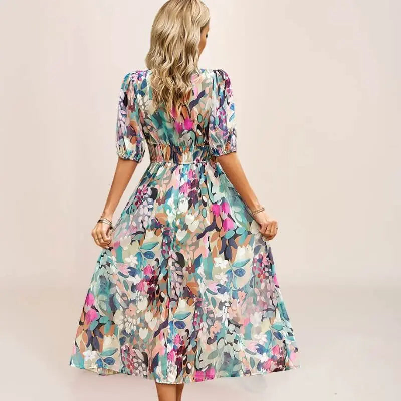 Robe midi bohème floral à manches lanternes - ComfySweet