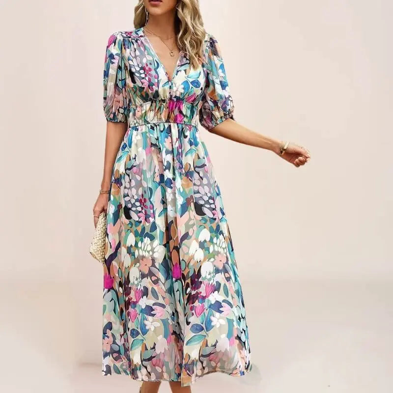 Robe midi bohème floral à manches lanternes - ComfySweet