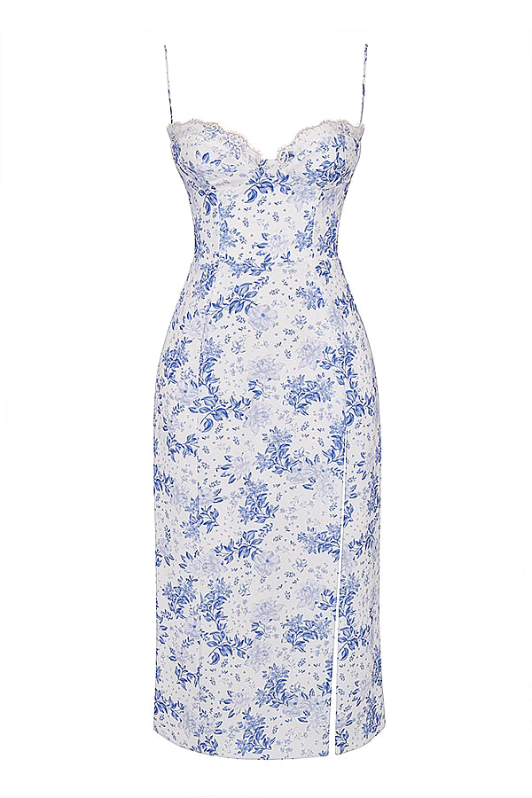 Mélina Robe midi à imprimé floral bleu