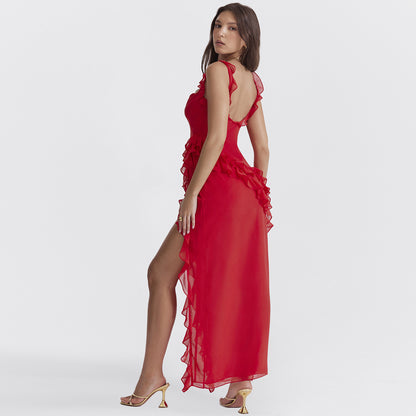 Robe bustier asymétrique à volants cascade et fente sensuelle