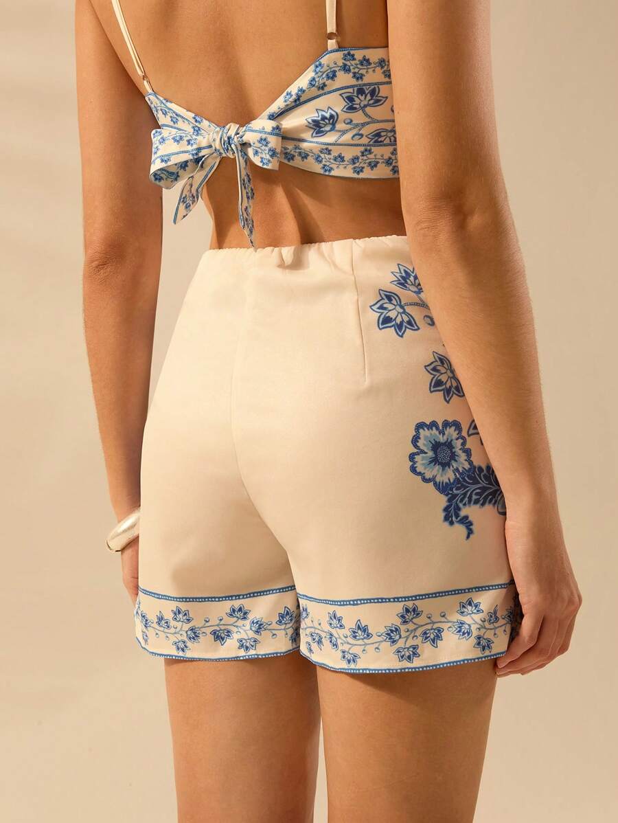 Ensemble crop top et jupe imprimé floral bleu