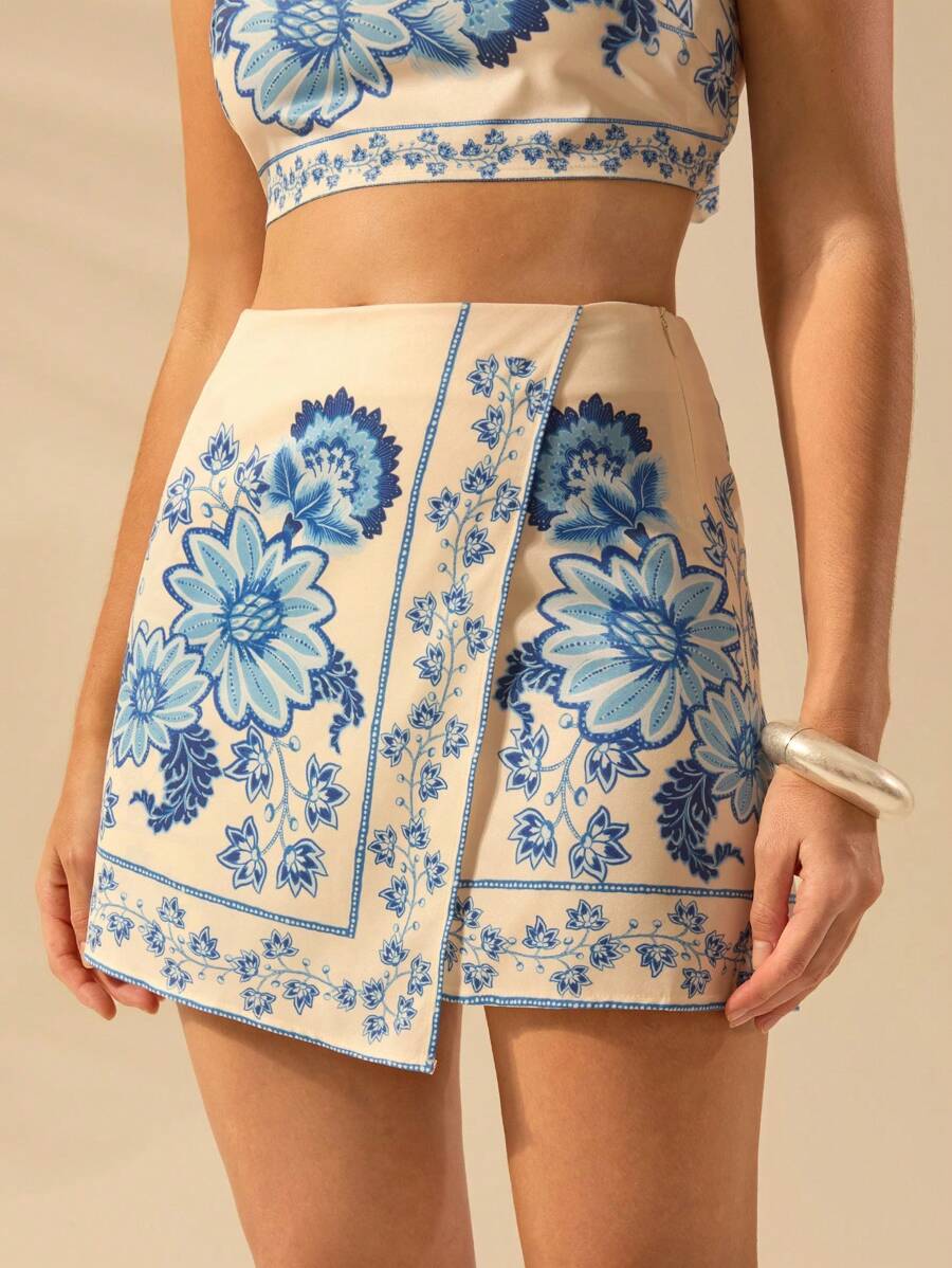 Ensemble crop top et jupe imprimé floral bleu