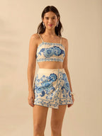 Ensemble crop top et jupe imprimé floral bleu