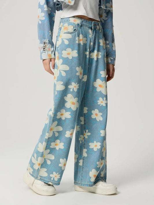 Jeans droits avec imprimé fleur vintage