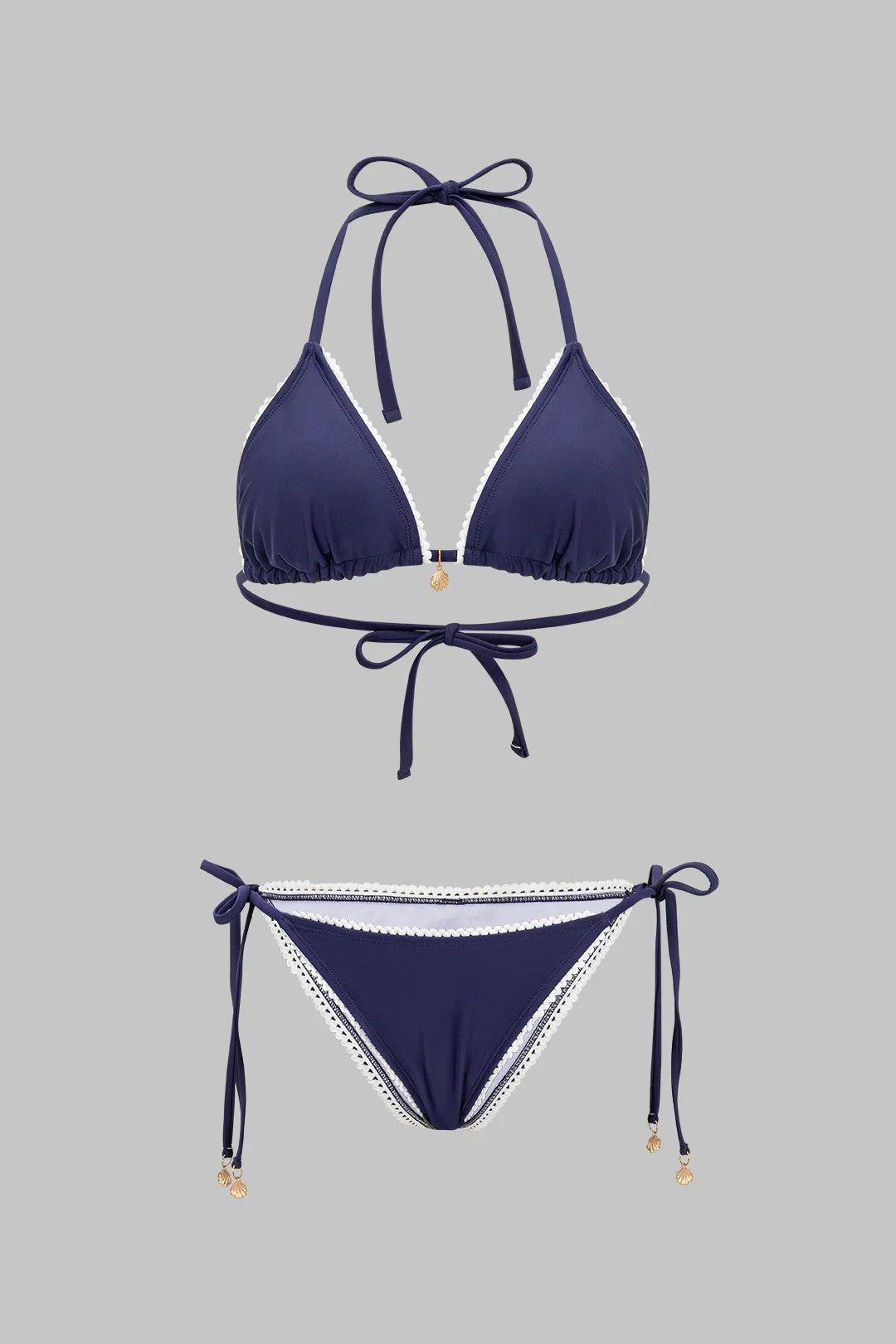 Bikini triangle bleu marine à bordure dentelle