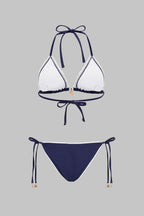 Bikini triangle bleu marine à bordure dentelle