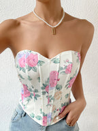 Corset Bustier Fleuri Col en Cœur