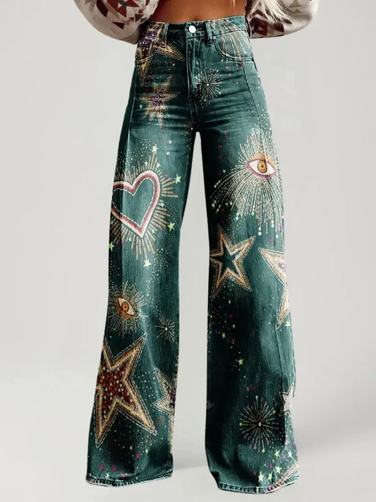 Wide-legged Pants Thermal Transfer Bell-bottom Pants Simulation Denim Trousers ComfySweet