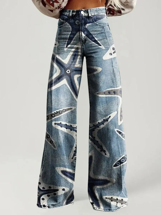 Wide-legged Pants Thermal Transfer Bell-bottom Pants Simulation Denim Trousers ComfySweet