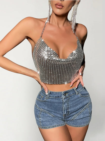 Top Strass Argenté Chaînettes Dos Nu