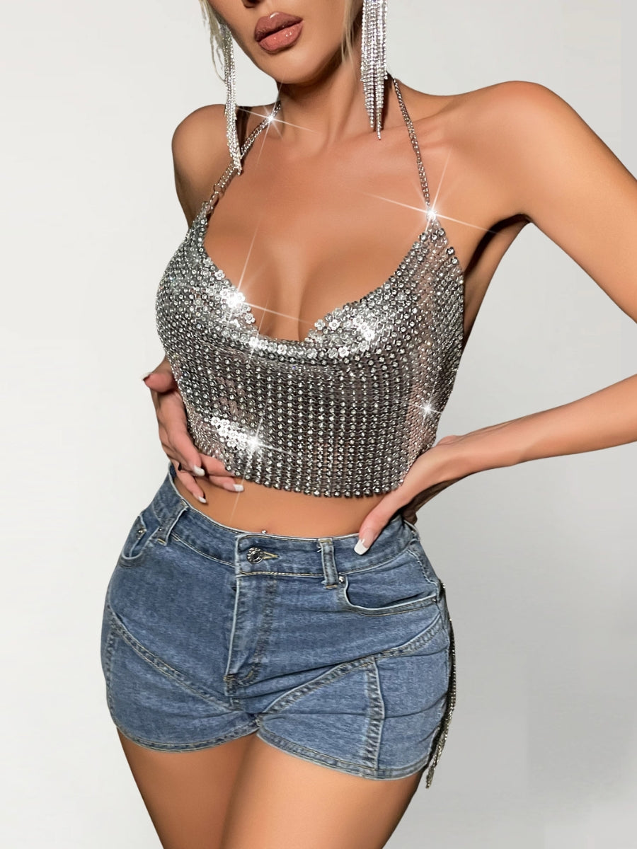 Top Strass Argenté Chaînettes Dos Nu