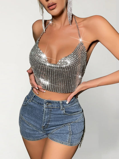 Top Strass Argenté Chaînettes Dos Nu