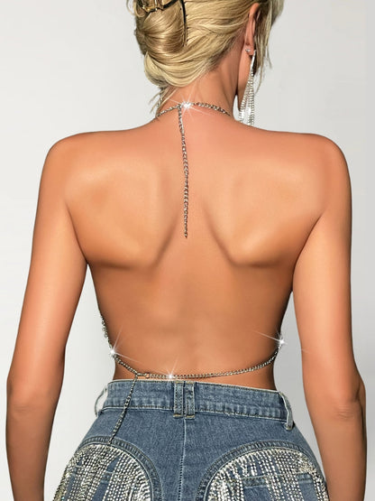 Top Strass Argenté Chaînettes Dos Nu