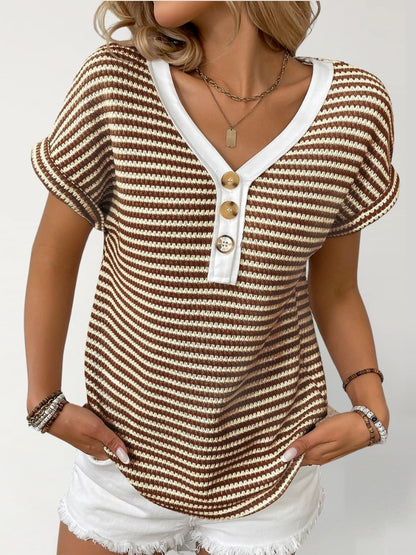 Top Rayé Maille Boutonné Col V