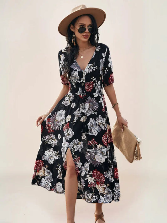 Léa Robe Midi Bohème Fleurie Décolleté - ComfySweet