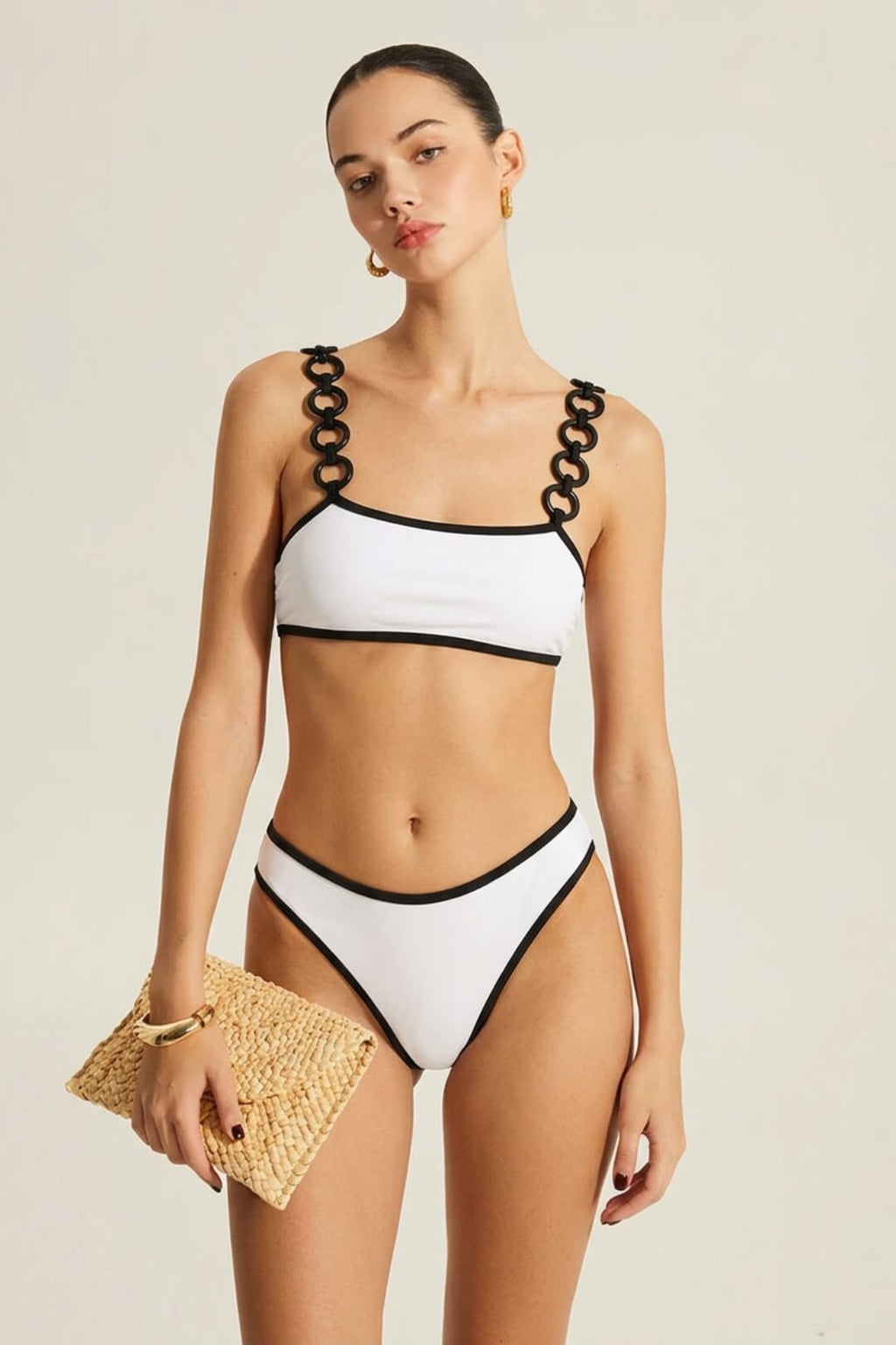 Ensemble bikini noir & blanc à anneaux
