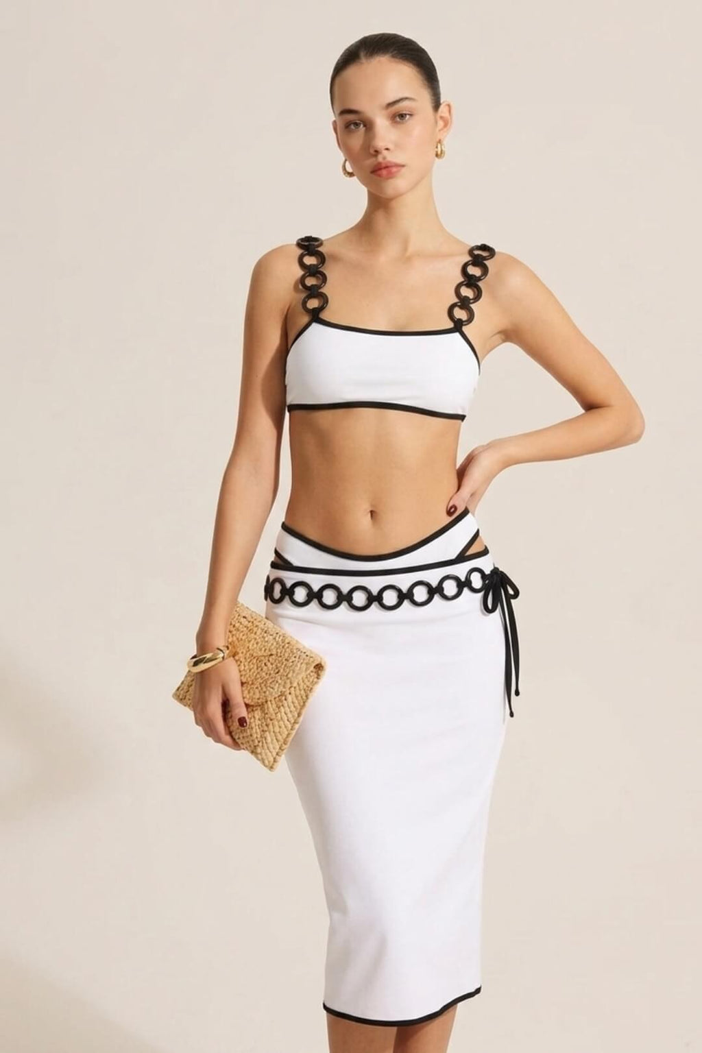 Ensemble bikini noir & blanc à anneaux