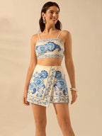 Ensemble crop top et jupe imprimé floral bleu