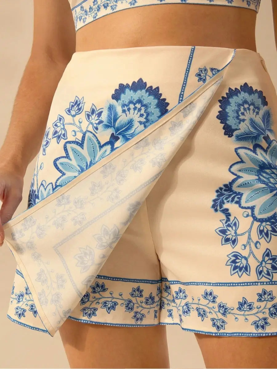 Ensemble crop top et jupe imprimé floral bleu