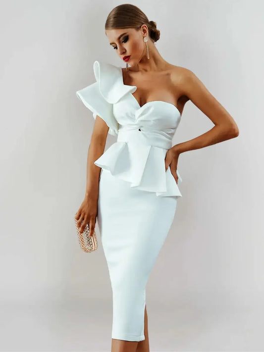 Ophélia Robe Midi Bustier à Volant Blanche - ComfySweet