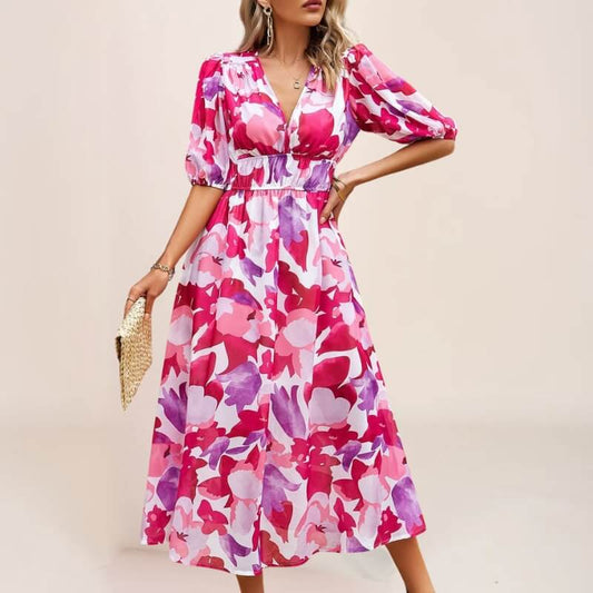 Robe bohème aquarelle à imprimé fleurs sauvages rose