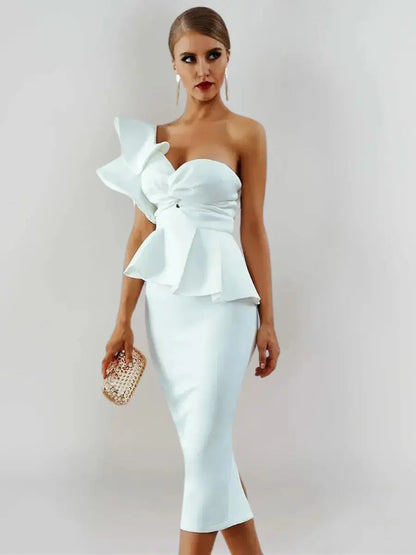 Ophélia Robe Midi Bustier à Volant Blanche - ComfySweet