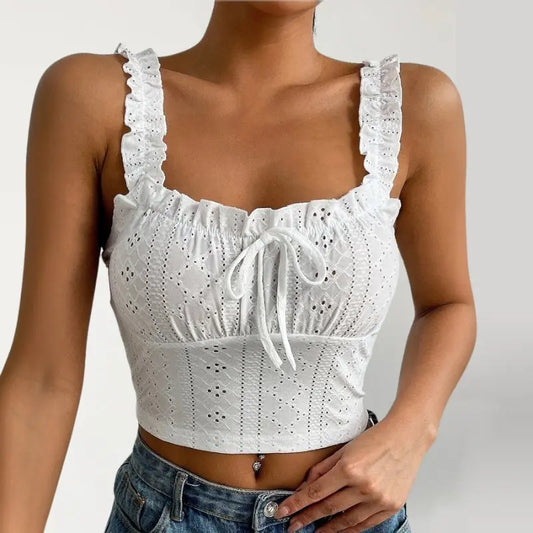 Crop top dentelle ajourée bretelles froncées bohème - ComfySweet