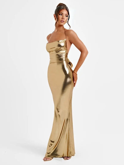 Natasha Robe Longue Métallisée Dos Nu - ComfySweet