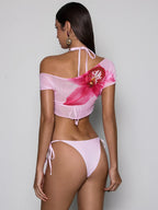 Ensemble bikini 3 pièces rose imprimé floral