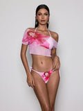 Ensemble bikini 3 pièces rose imprimé floral