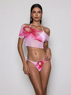 Ensemble bikini 3 pièces rose imprimé floral