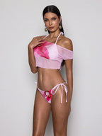 Ensemble bikini 3 pièces rose imprimé floral