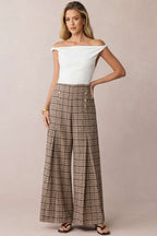 Pantalon taille haute double boutonnage à carreaux