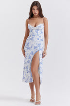Mélina Robe midi à imprimé floral bleu